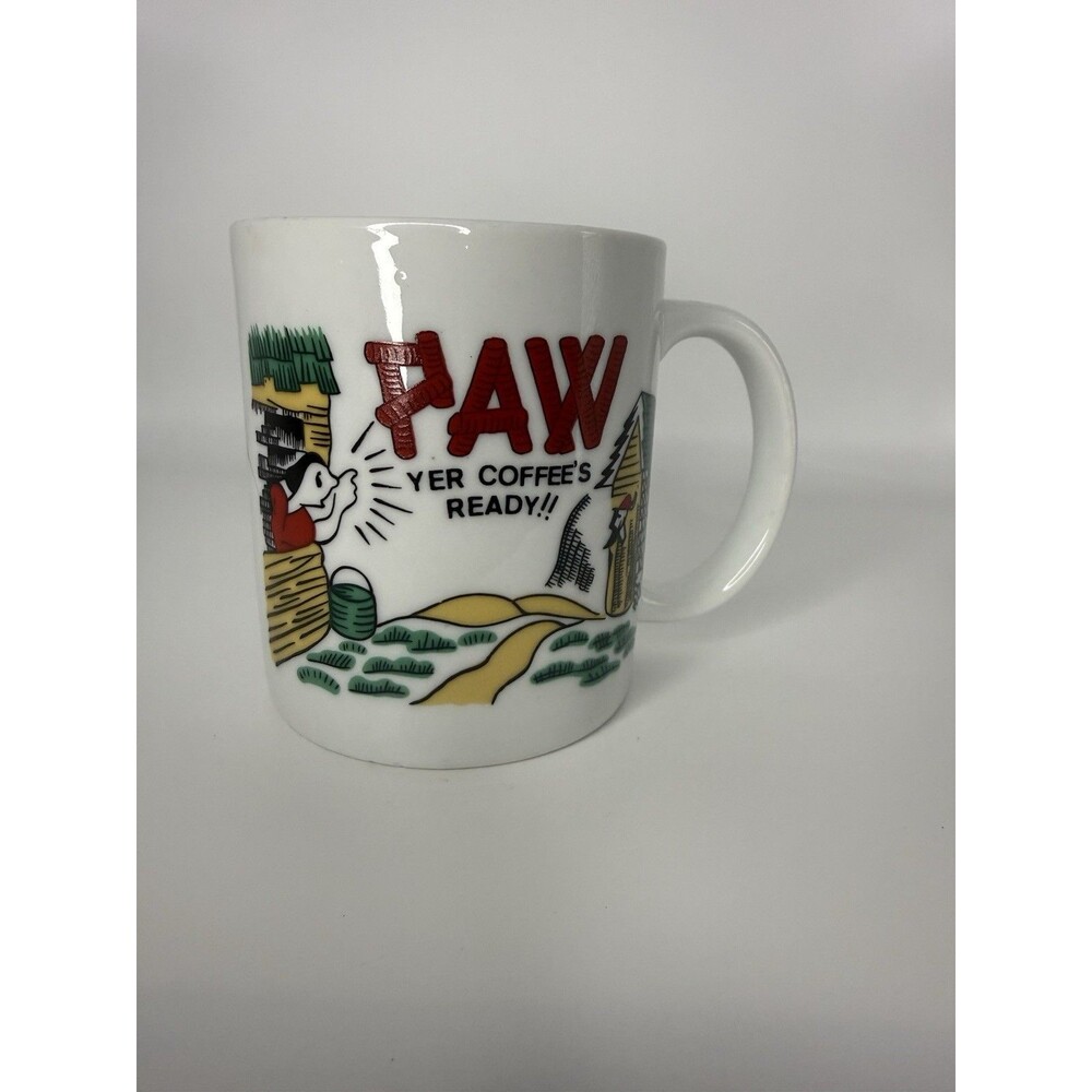 Vintage Paw Yer Coffee's Ready Hillbilly Mug MCM 1960s Outhouse Kitsch Cup